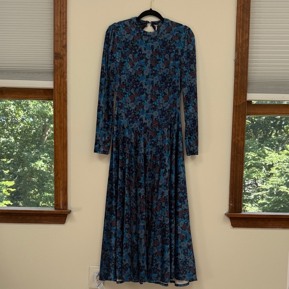 Free People Long Sleeve Floral Maxi Dress in Blue and Black (purple flowers)